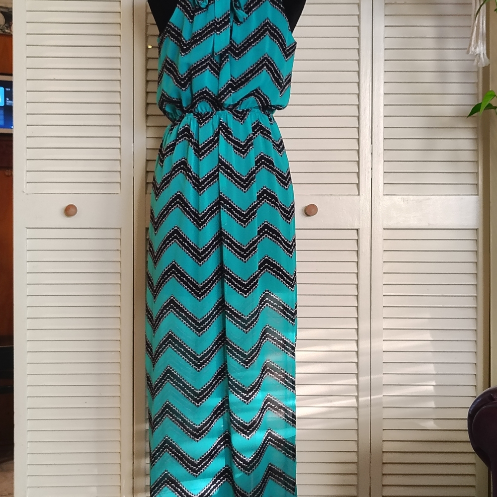 TeenPlo Aqua Teal & Black Chevron Sleeveless Maxi Dress Size S – Like New - Picture 3 of 11